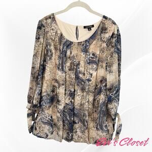 Roz & Ali Woman Blouse Sheer Lined Pleated Neck Blousy Blue Beige Metalic Sz 1X